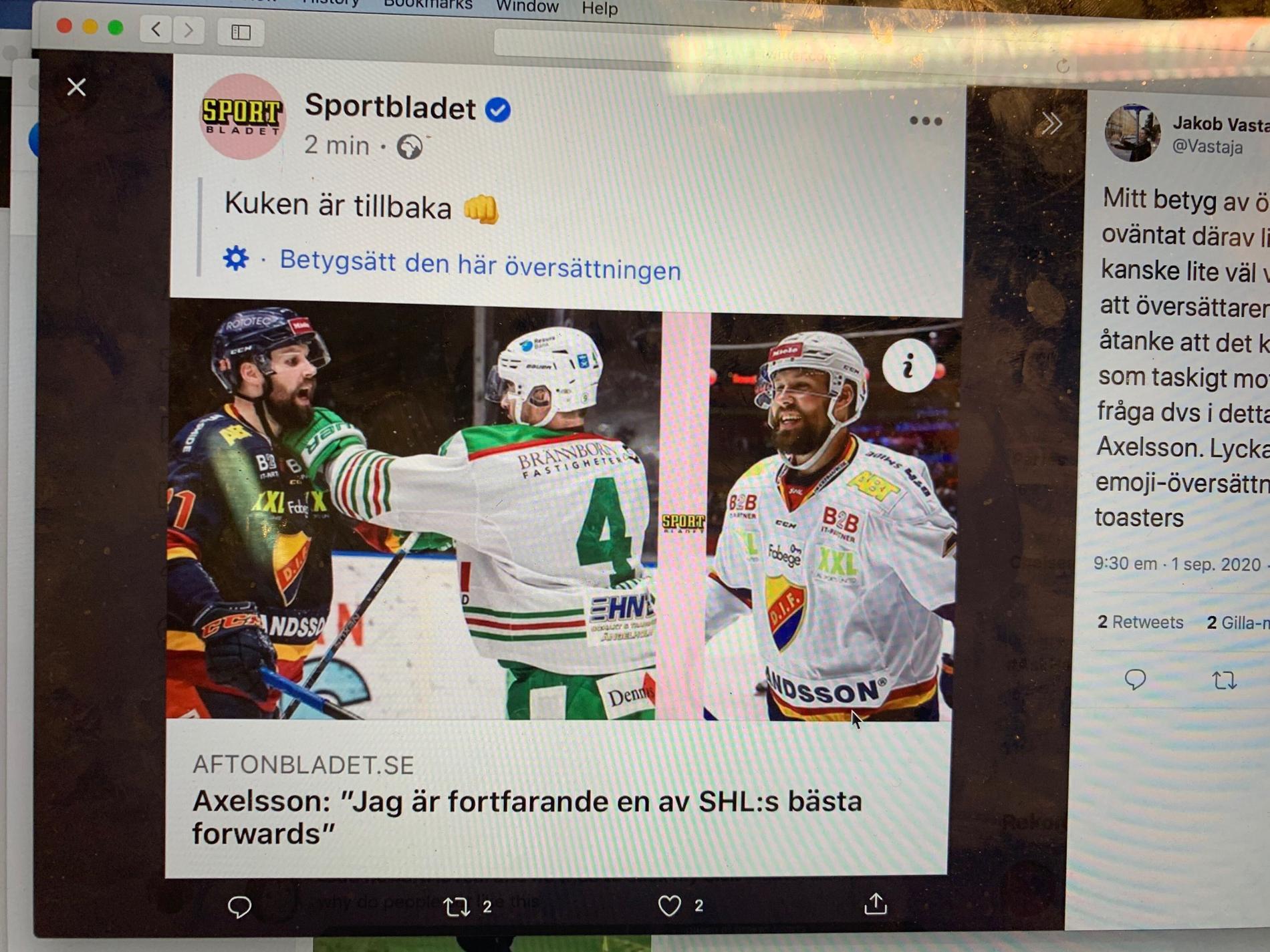 Facebook översatte hockeyspelarens förnamn från engelska till svenska. 