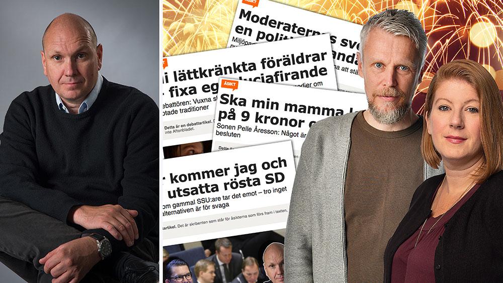 Jonas Thornell, 53, (till vänster) skrev den mest lästa debattartikeln på Aftonbladet 2018. Till höger Aftonbladet Debatts redaktörer Kristofer Forssblad Olsson och Susanna Vidlund.