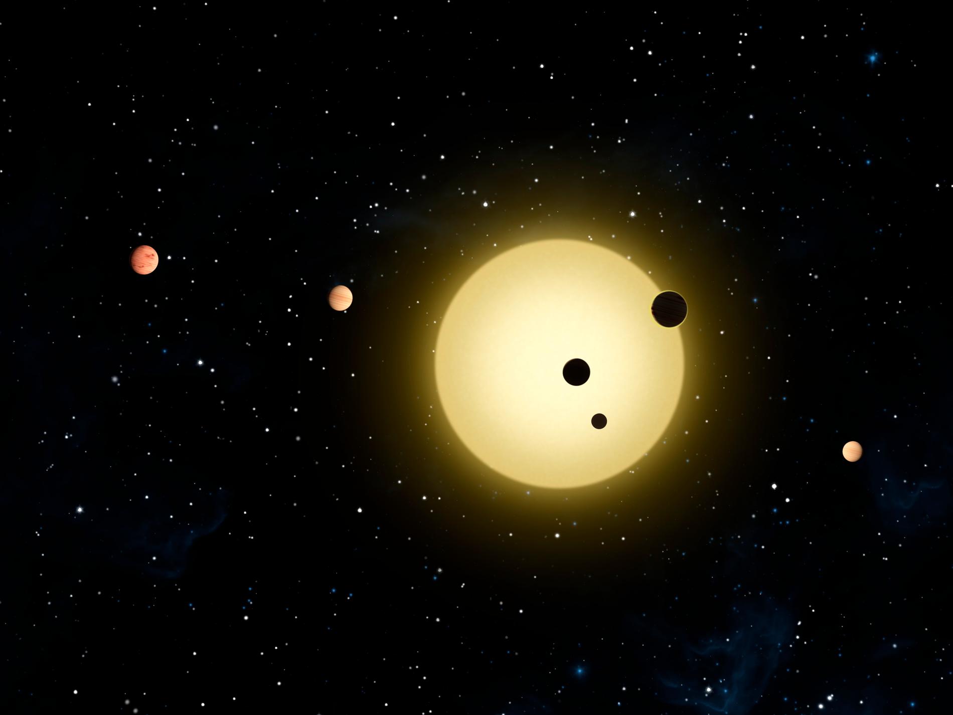 I åtminstone 2 000 solsystem har man potentiellt god utsikt mot vår sol, bedömer forskare. Här har stjärnan Kepler-11 med sex omkringliggande planeter illustrerats. Arkivbild.