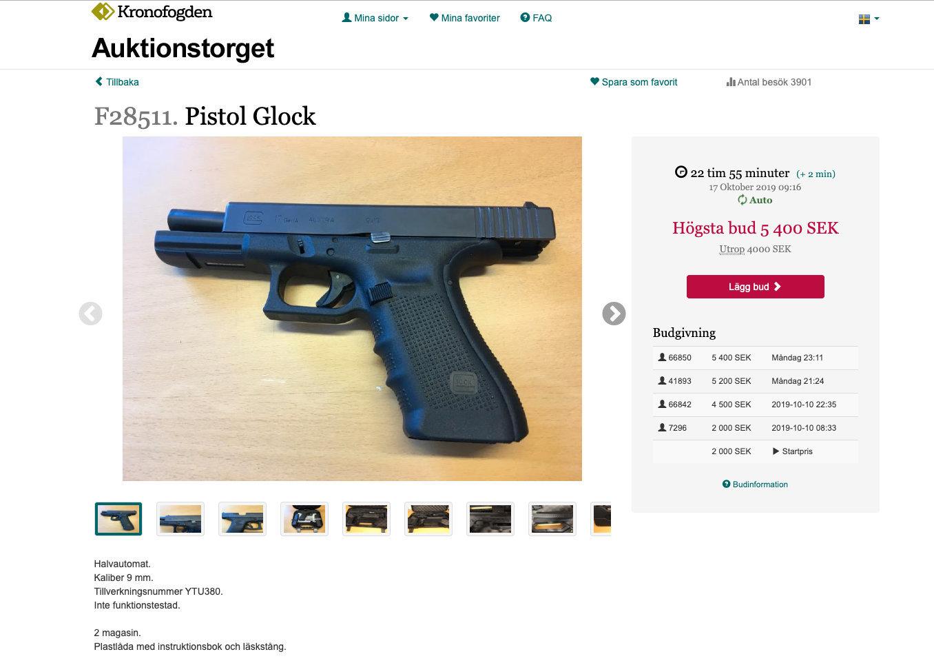 En pistol till salu hos Kronofogdemyndigheten.