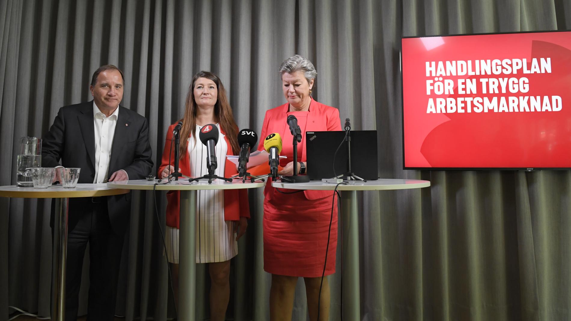 Socialdemokraternas partiledare Stefan Löfven, Susanna Gideonsson, suppleant i Socialdemokraternas verkställande utskott och ordförande för Handelsanställdas förbund och arbetsmarknadsminister Ylva Johansson.
