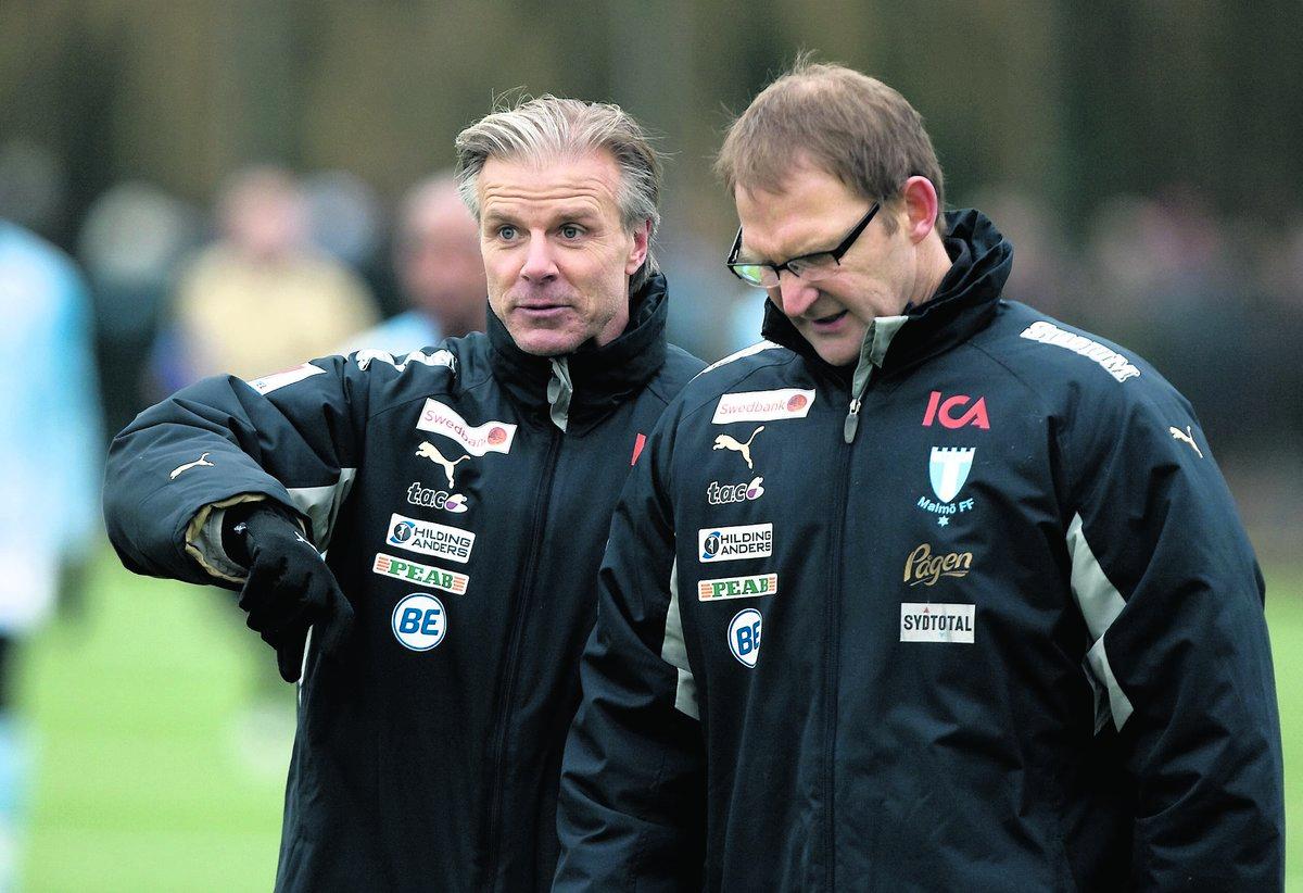 Nya planer Hans Gren, till höger, fick i går lämna jobbet som assisterande tränare åt Roland Nilsson i Malmö FF. Dessutom söker klubben efter en ny sportchef som ska ta över efter Hasse Borg.
