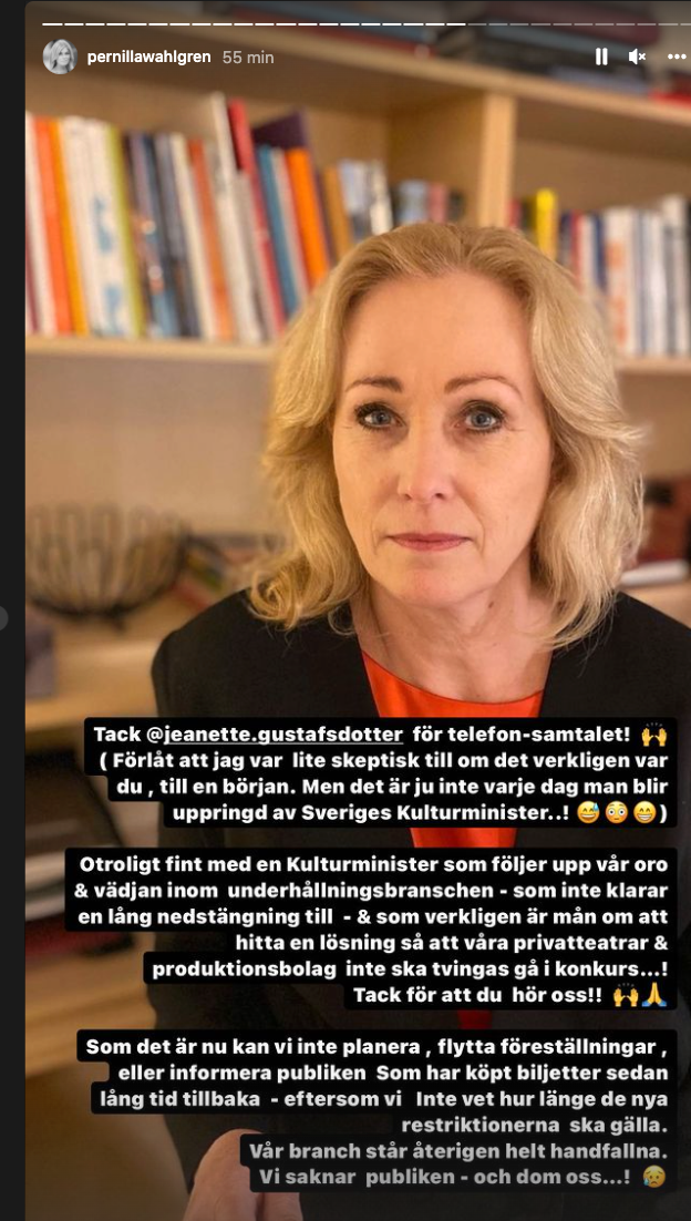 Pernilla Wahlgrens inlägg om samtalet med kulturministern. 