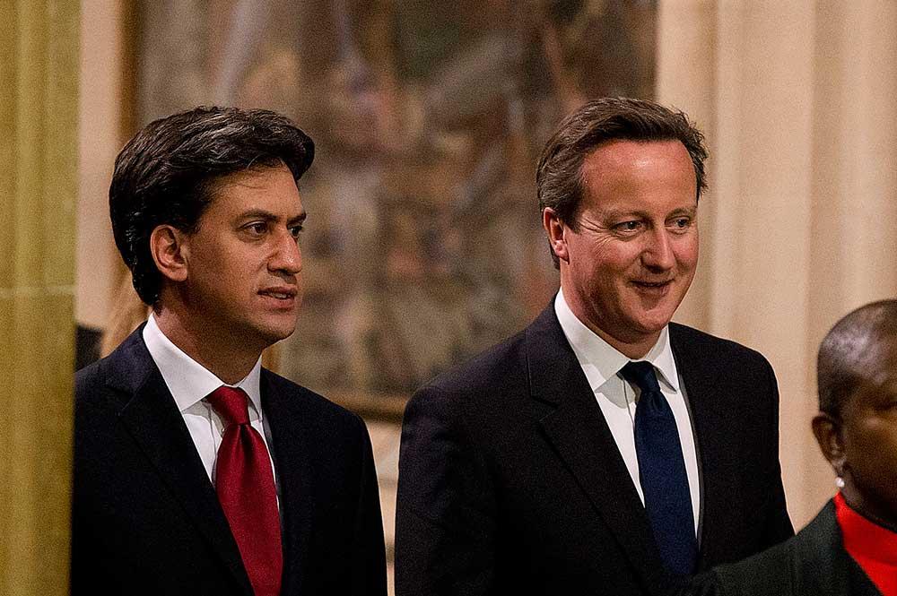 Om premiärminister David Cameron (till höger) vinner valet före Labour och Ed Miliband har han utlovat en folkomröstning om utträde ur EU.