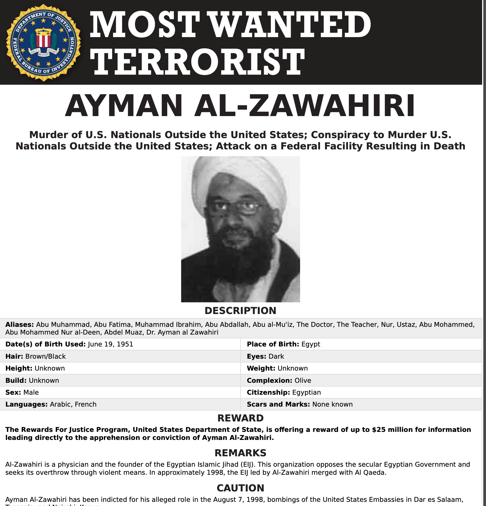 Ayman al-Zawahiri har länge varit på listan över USA:s mest efterlysta.