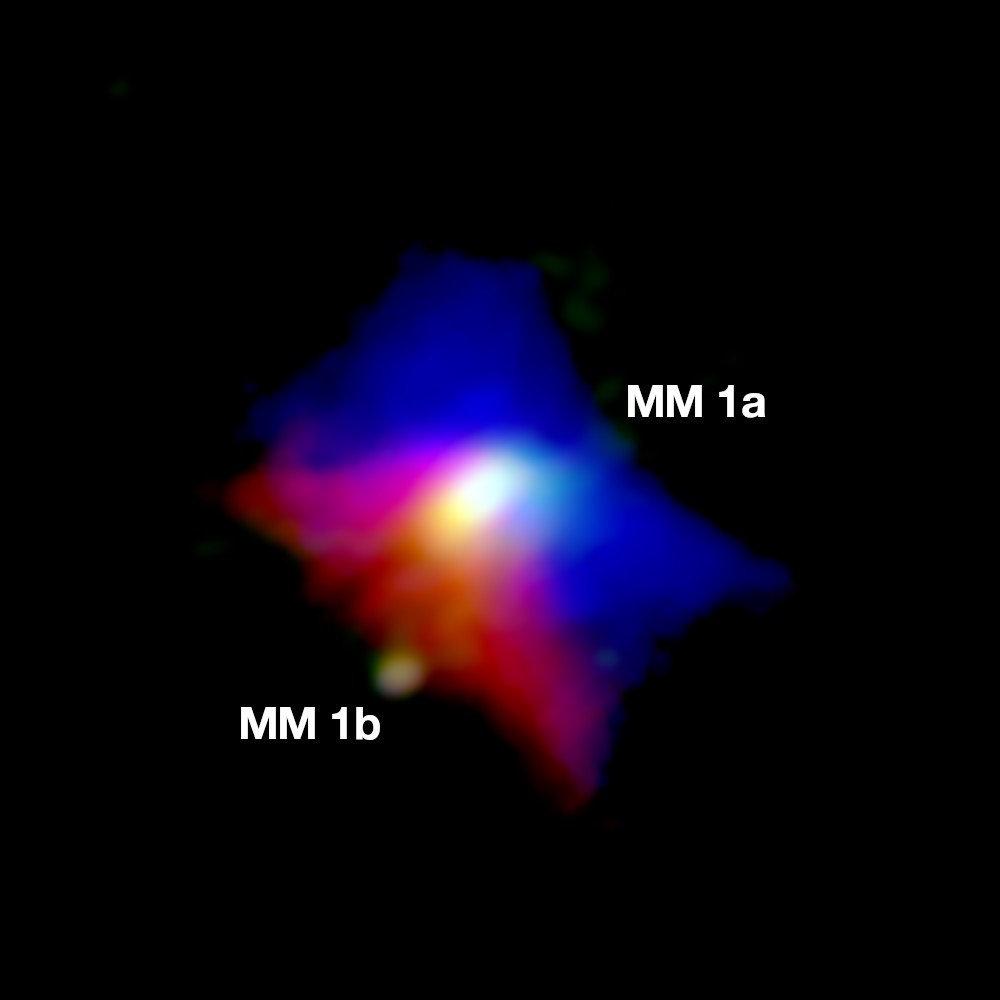 Ur den skiva av gas och stoft som cirkulerar runt en äldre stjärna, MM 1a, har forskarna sett hur en annan, betydligt yngre, stjärna har fötts (MM 1b). Processen liknar den när planeter, däribland vår egen jord, bildas.
