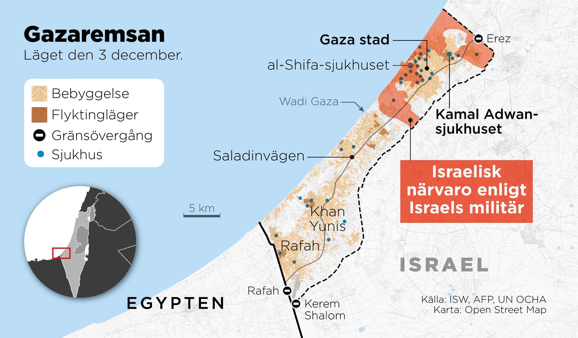 Kartan visar den omringning av Gaza stad som den israeliska militären påstår sig ha genomfört.