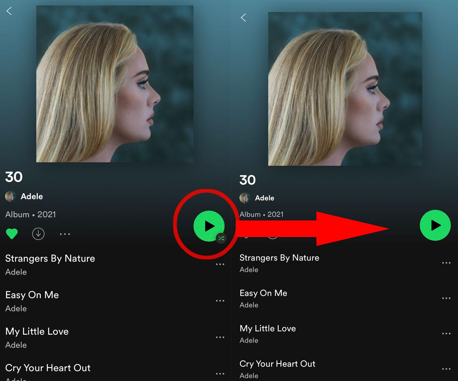 Här är förändringen i Spotify – hur det såg ut tidigare till vänster (med shuffle som grundinställning) och det nya till höger.