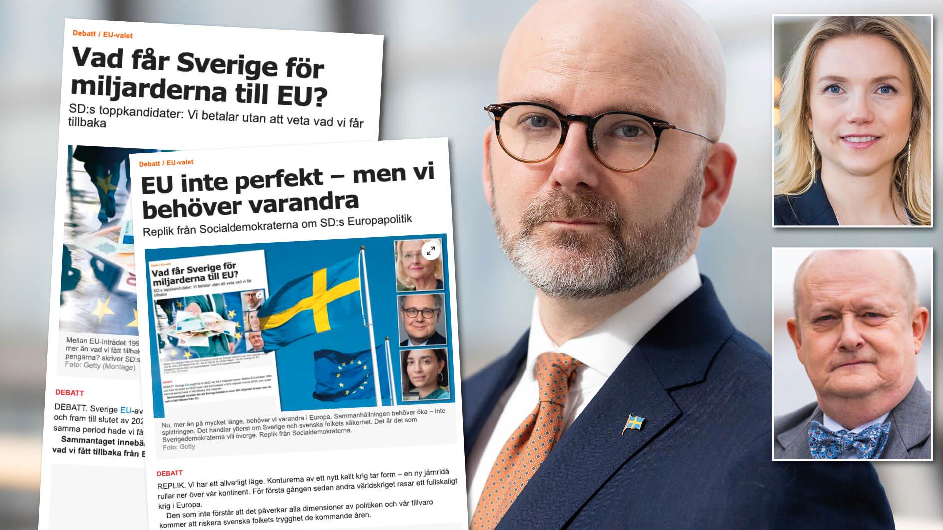 Som vi påpekat har Sverige betalat in 815 miljarder kronor till EU och endast fått tillbaka 304 miljarder. I repliken från Socialdemokraterna finns inte tillstymmelse till svar på vad dessa 500 miljarder givit för mervärde till Sverige. Slutreplik från SD:s toppkandidater till EU-valet.