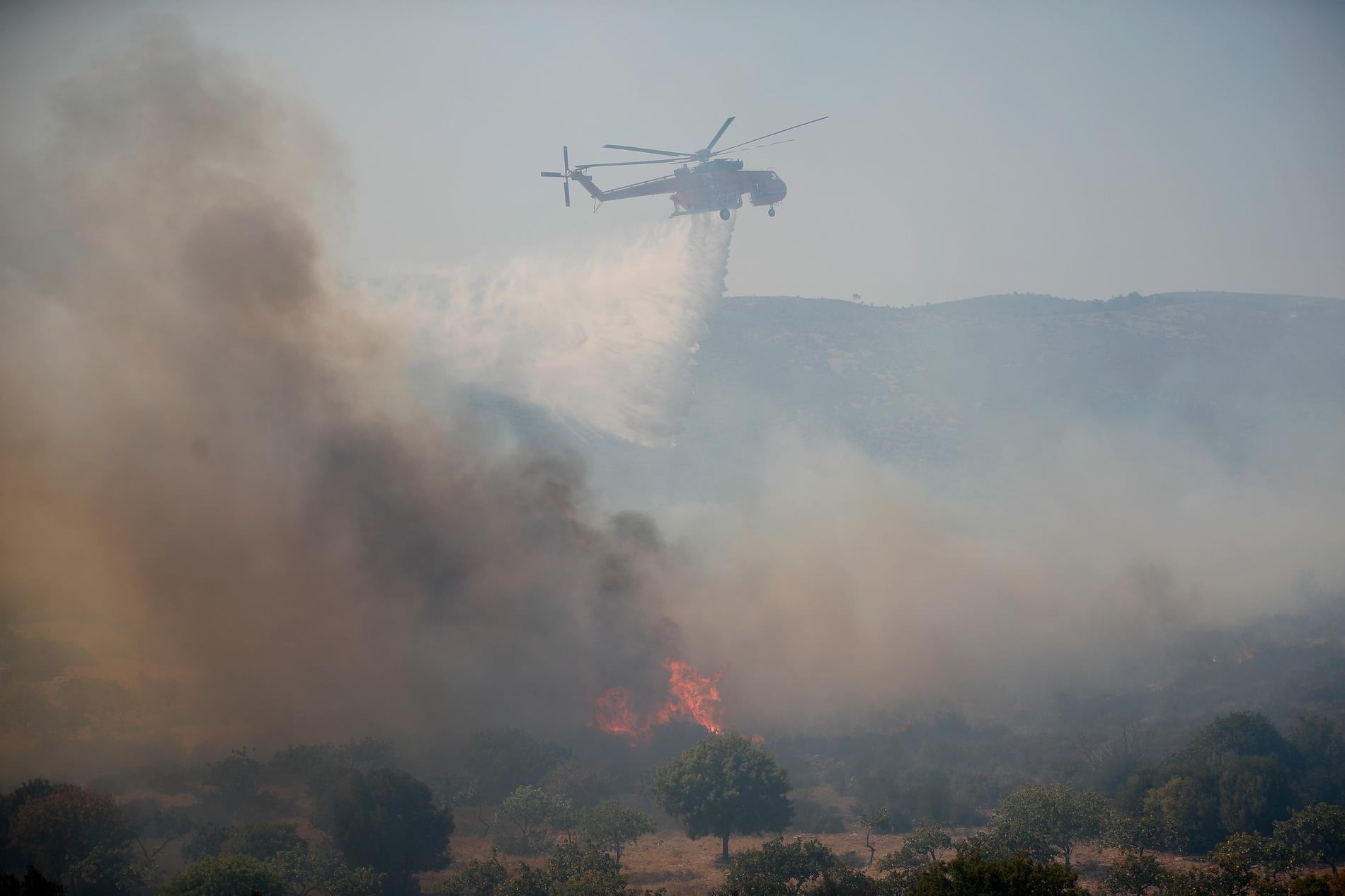 En helikopter vattenbombar en brand nära staden Marathon, nordost om Greklands huvudstad Aten på lördagen.