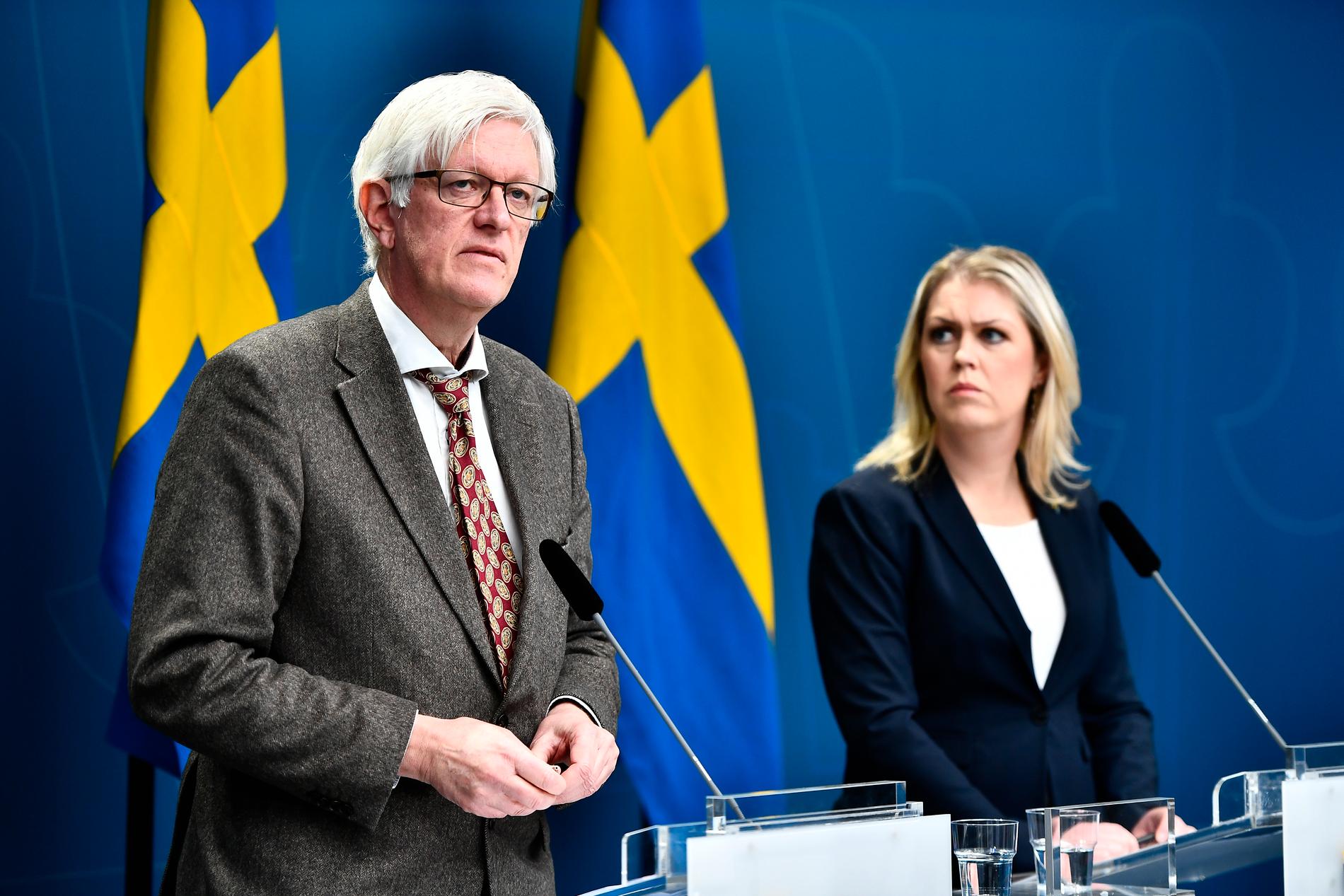 Socialminister Lena Hallengren höll pressträff tillsammans med Folkhälsomyndighetens generaldirektör Johan Carlson på tisdagseftermiddagen.