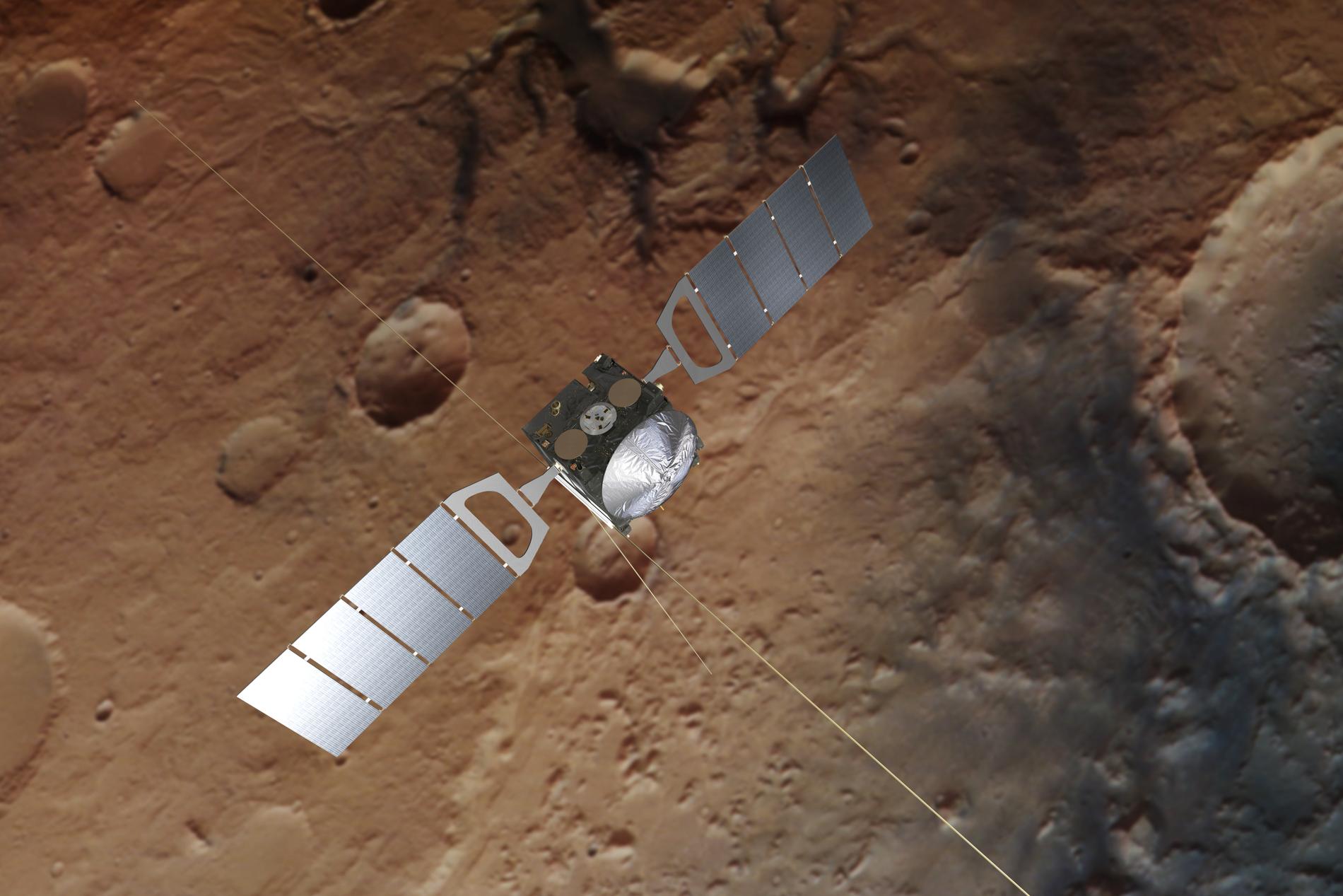 Den europeiska rymdfarkosten Mars Express. Med radarvågor från farkosten har forskare upptäckt en stor sjö med flytande vatten på planeten.