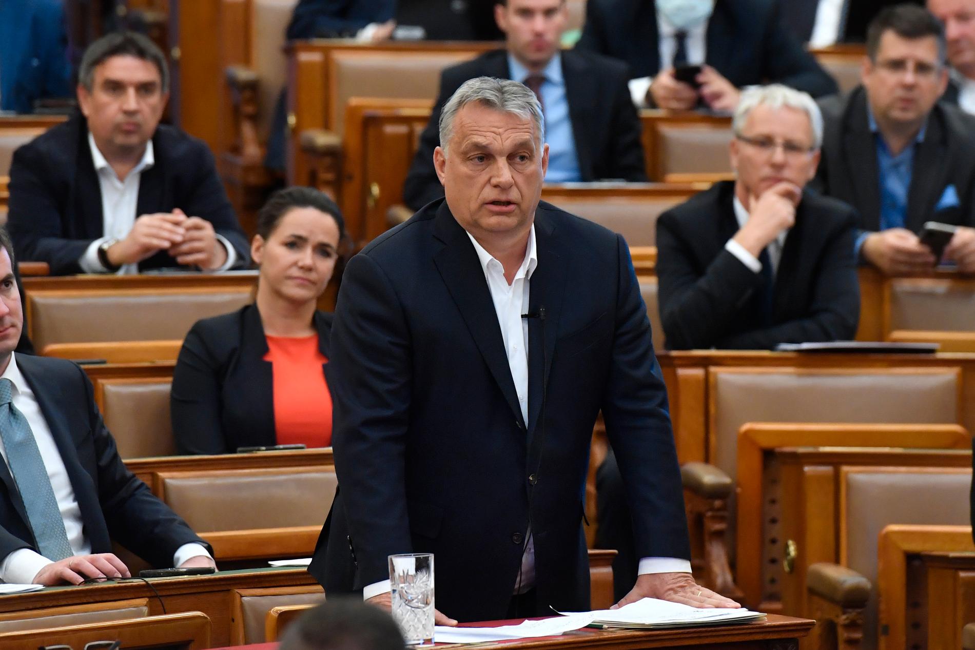 Ungerns premiärminister Viktor Orbán i parlamentet i Budapest i slutet av mars. Arkivbild.