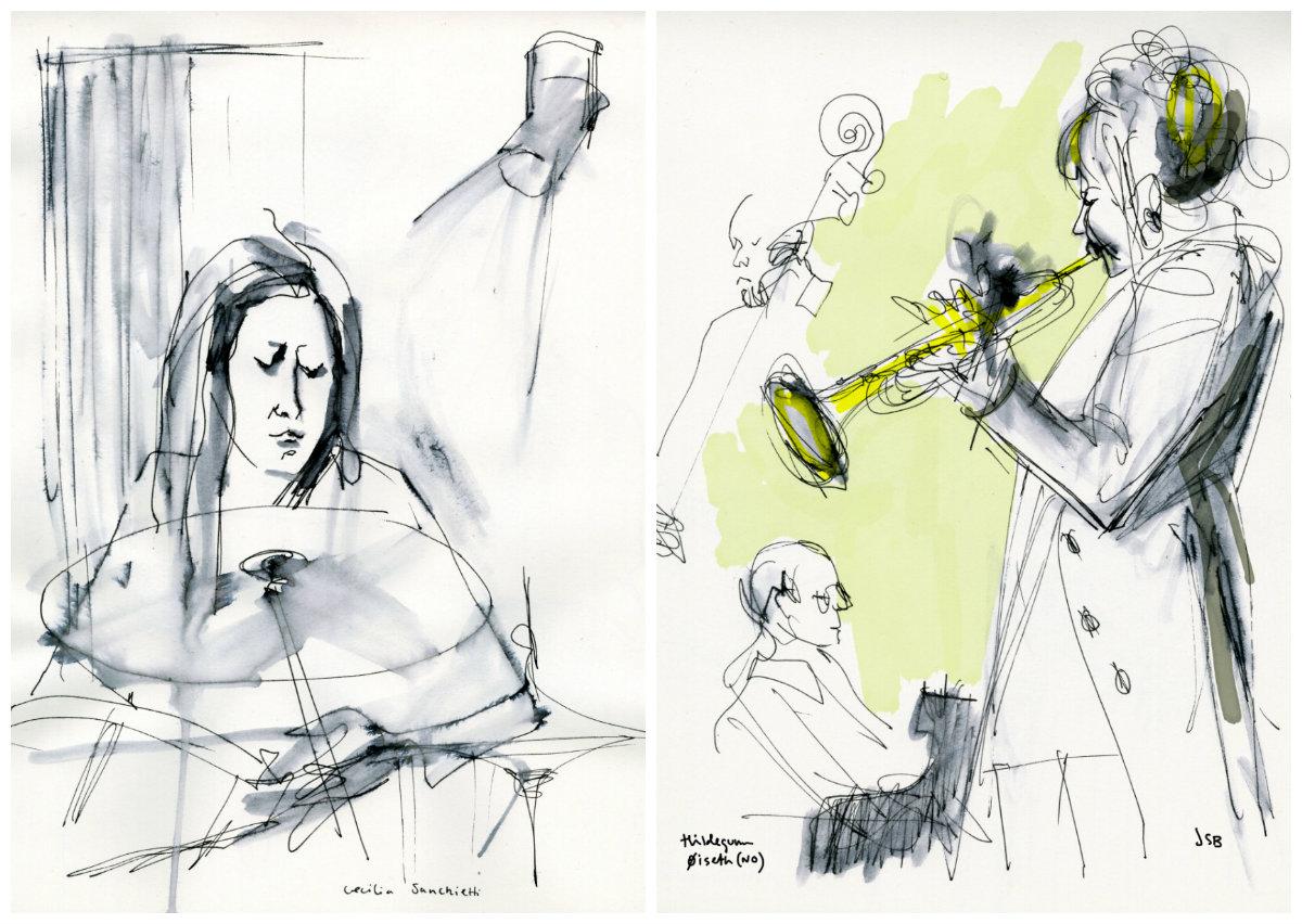  Cecilia Sanchietti och Hildegunn Oiseth tecknade av Jenny Svenberg Bunnel på Stockholm Women’s international jazz festival