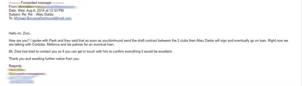 Mailkonversationen mellan Robert och Borussia Dortmunds påstådda sportchef.