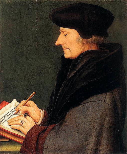 fullbokad Erasmus av Rotterdam (1466–1536) porträtterad av Hans Holbein d.y. Under 1530-talet stod den nederländske humanisten för cirka 20 procent av all bokutgivning i Europa.