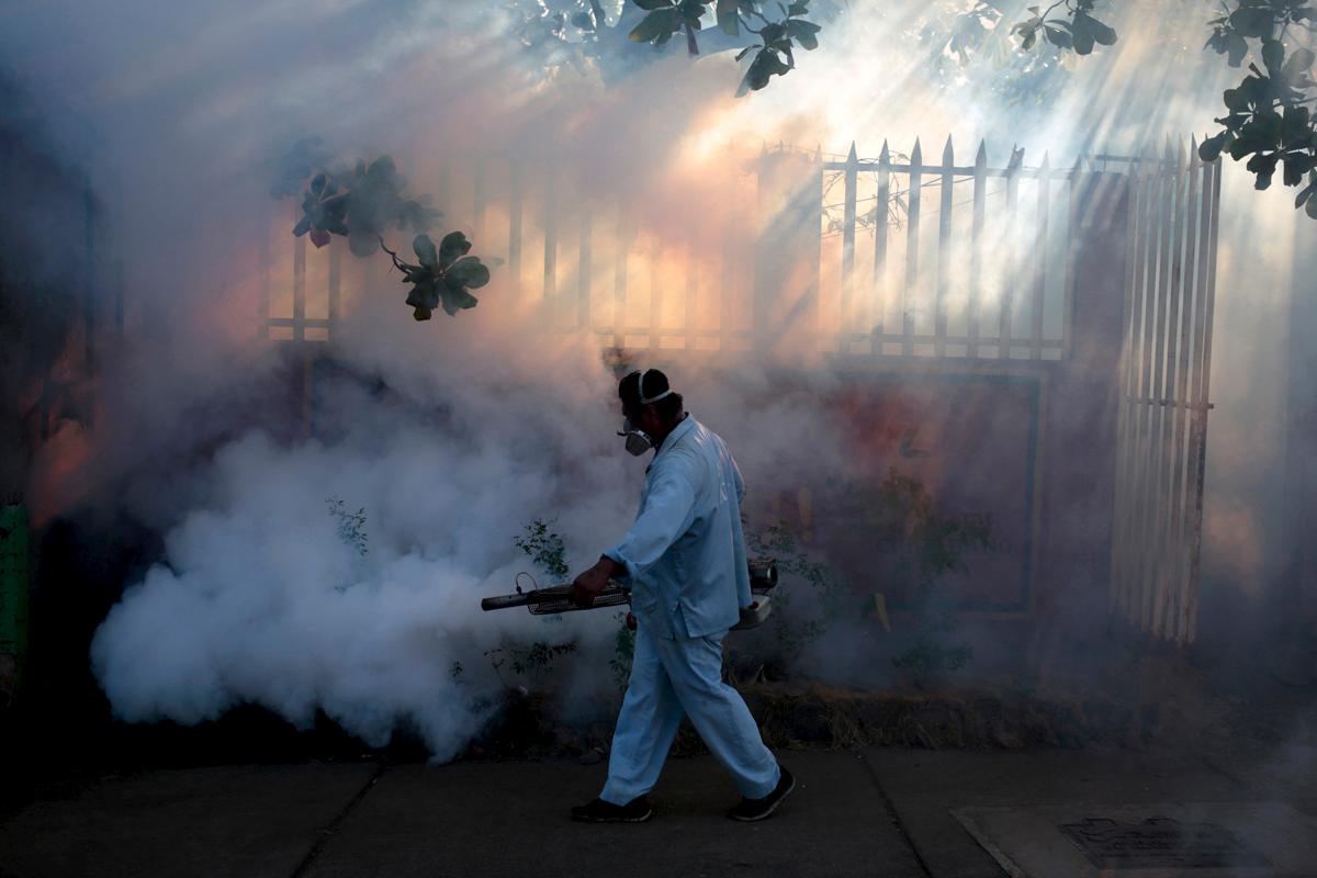 En medarbetare från hälsodepartementet sprutar myggmedel för att få bukt med insekterna.