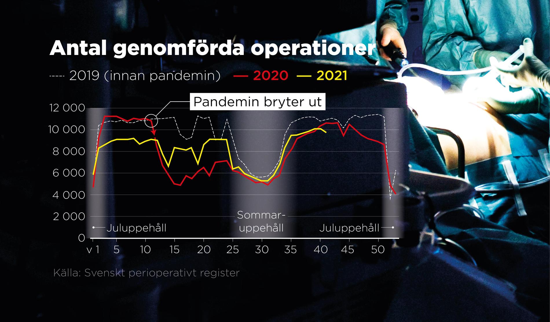 Hur många operationer som utförs i Sverige har påverkats av pandemin, men varierar också under året på grund av sommar- och julledighet. Att den gula kurvan för 2021 viker av nedåt betyder att köerna nu växer.