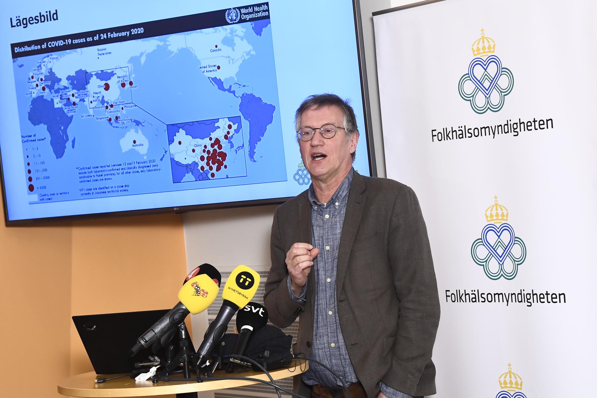 Statsepidemiolog Anders Tegnell under onsdagens pressträff med Folkhälsomyndigheten och Socialstyrelsen om beredskapsläget i Sverige med anledning av coronaviruset.