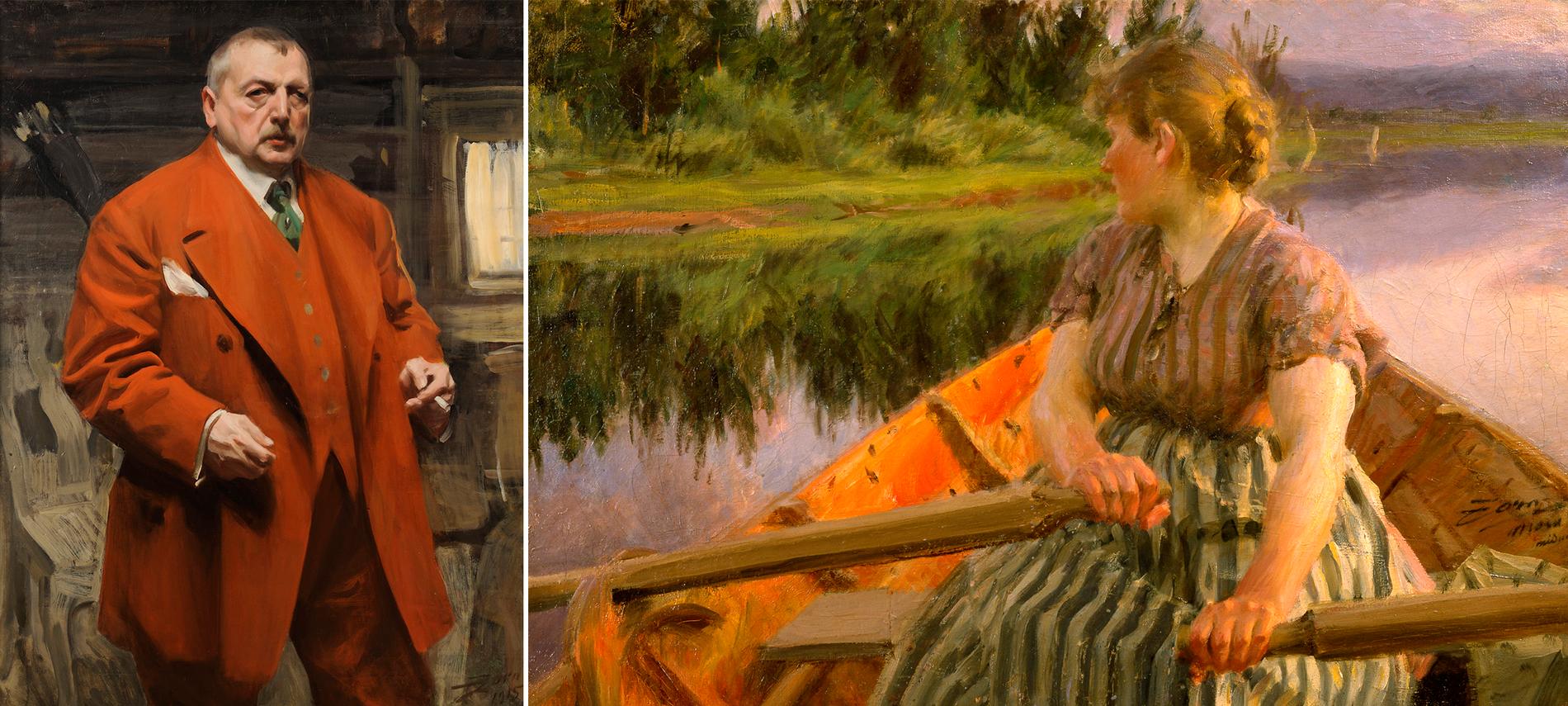 Anders Zorn: ”Självporträtt i rött”, 1915 samt ”Midnatt”, 1891. Olja på duk.