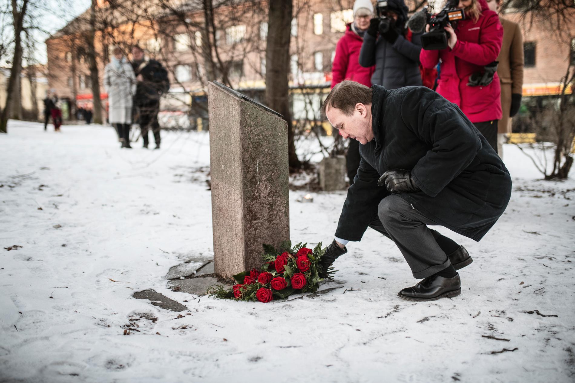 Statsminister Stefan Löfven (S) lägger blommor vid Olof Palmes minnesmärke i Kyrkparken i Östersund, 34 år efter mordet.