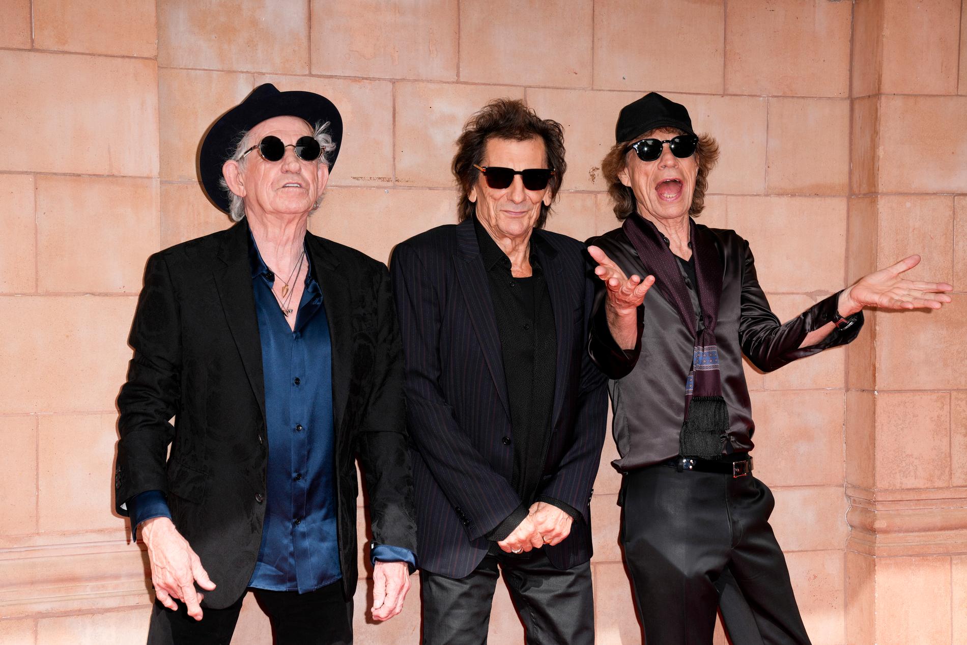 Rolling Stones-medlemmarna Keith Richards, 79, Ronnie Wood, 76, och Mick Jagger, 80, i Hackney.