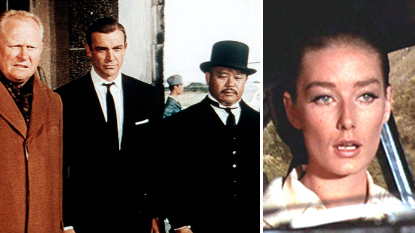 Gert Fröbe (Auric Goldfinger)", Sean Connery (James Bond), Harold Sakata ("Odd Job") och Tania Mallet (Tilly Masterson) i ”Goldfinger”.