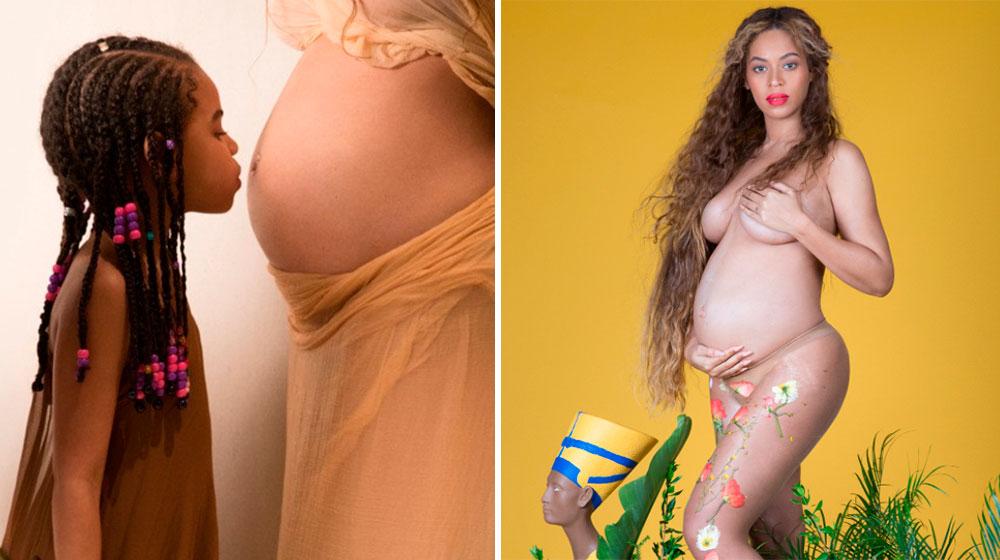 Dottern Blue Ivy, 5, pussar mot sina två blivande syskon i Beyoncés mage. Båda bilderna kommer från superstjärnans spektakulära gravidplåtning.