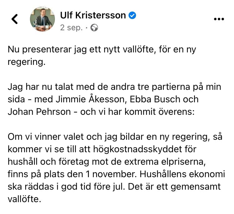 Ulf Kristerssons vallöfte från den 2 september. 