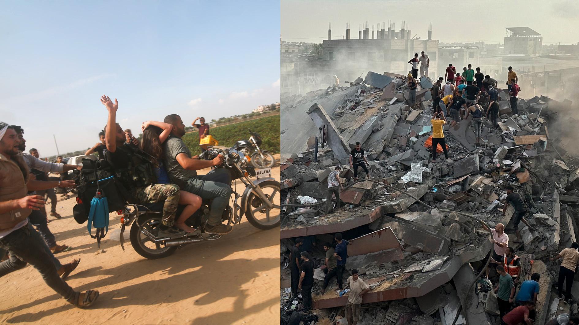 Till vänster Hamas attack 7 oktober, till höger ett sönderbombat Gaza. ”Skäms, ni som låter empatin med det palestinska folket övergå i stöd för Hamas eller i judehat! Skäms, ni som betraktar varje befogad kritik av staten Israel som förtäckt antisemitism!” skriver Göran Greider.