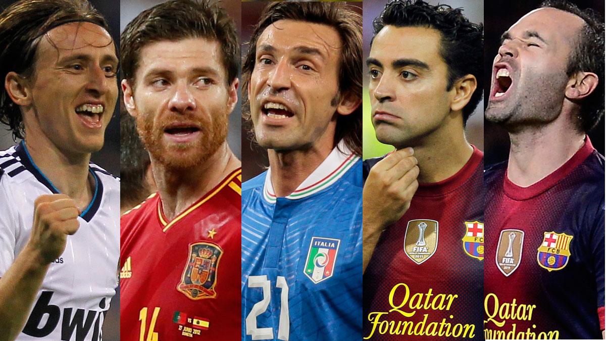 Luka Modric, Xabi Alonso, Andrea Pirlo, Xavi och Andres Iniesta är fem av världens 15 bästa mittfältare.