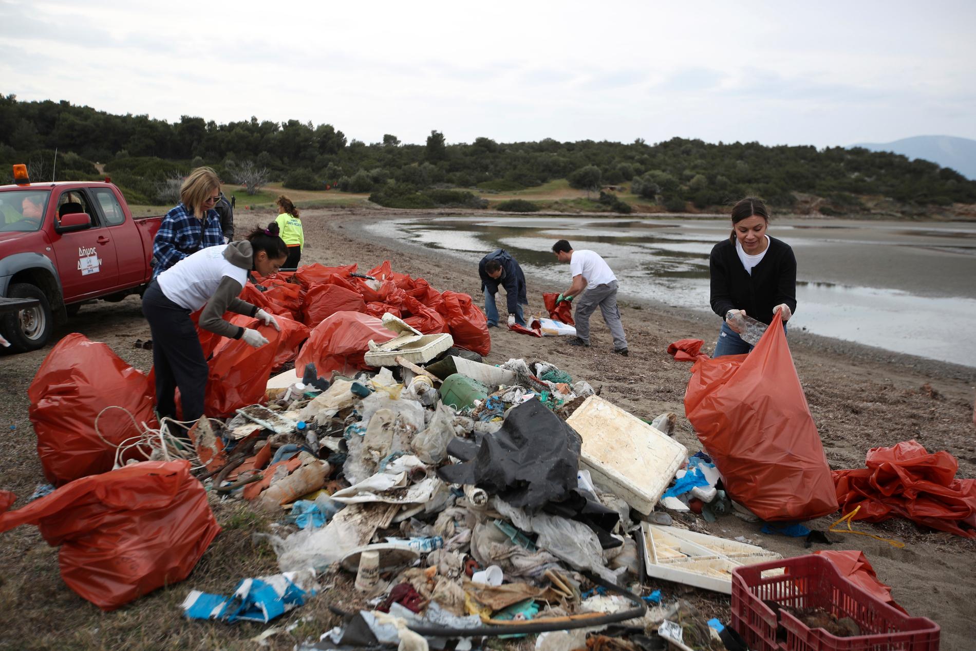 EU:s hårdare regler mot engångsplast är framför allt till för att minska mängden plast i havet och på stränder. På arkivfotot från februari samlar frivilliga in sopor på en strand på ön Evvia, nordost om Aten. Arkivbild.