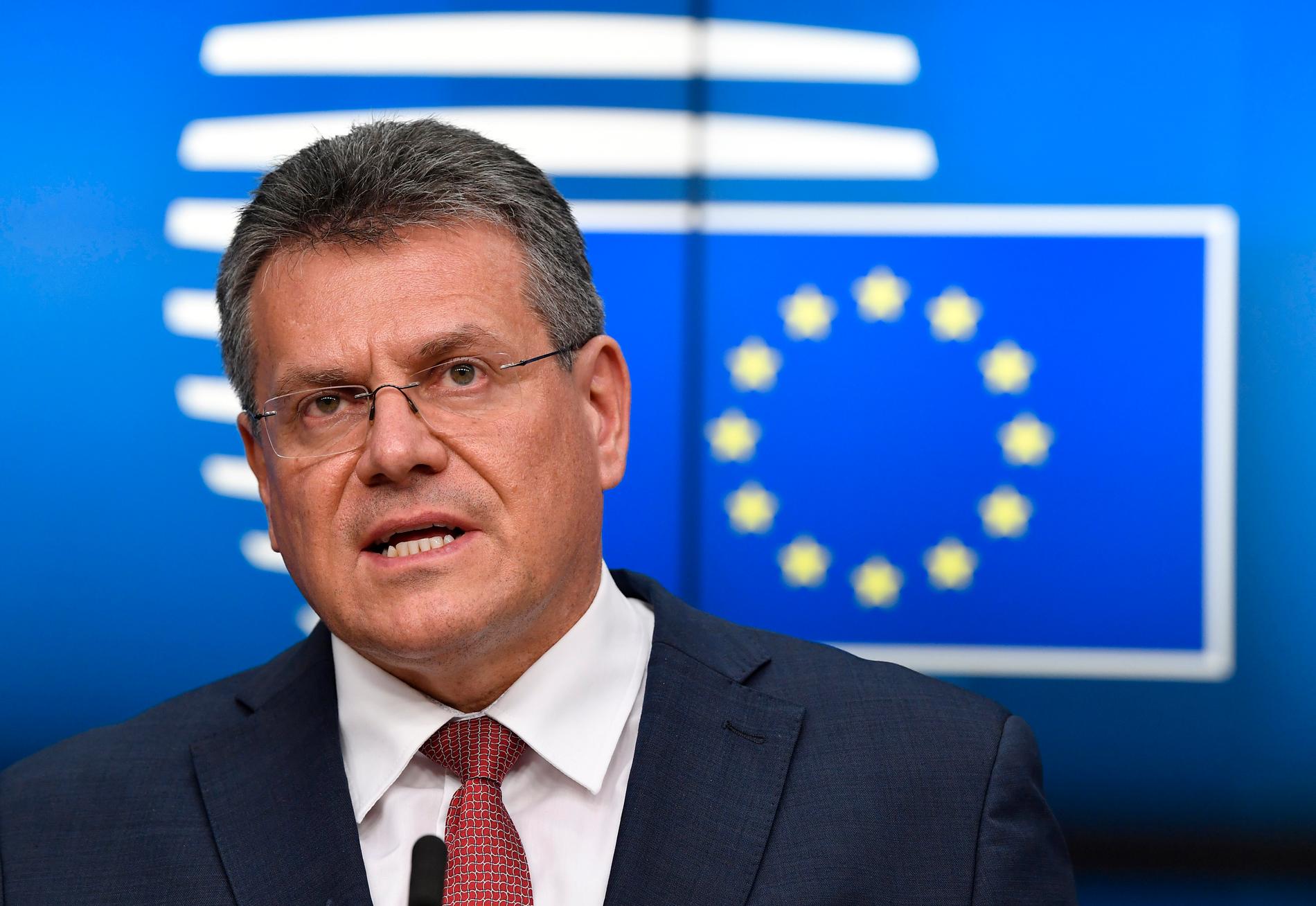 EU-kommissionären Maros Sefcovic vill tona ner hotet från EU. 