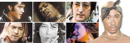 Elvis, Joplin, lennon, Hendrix, Cobain, Thunders och längst till höger, Tupac.