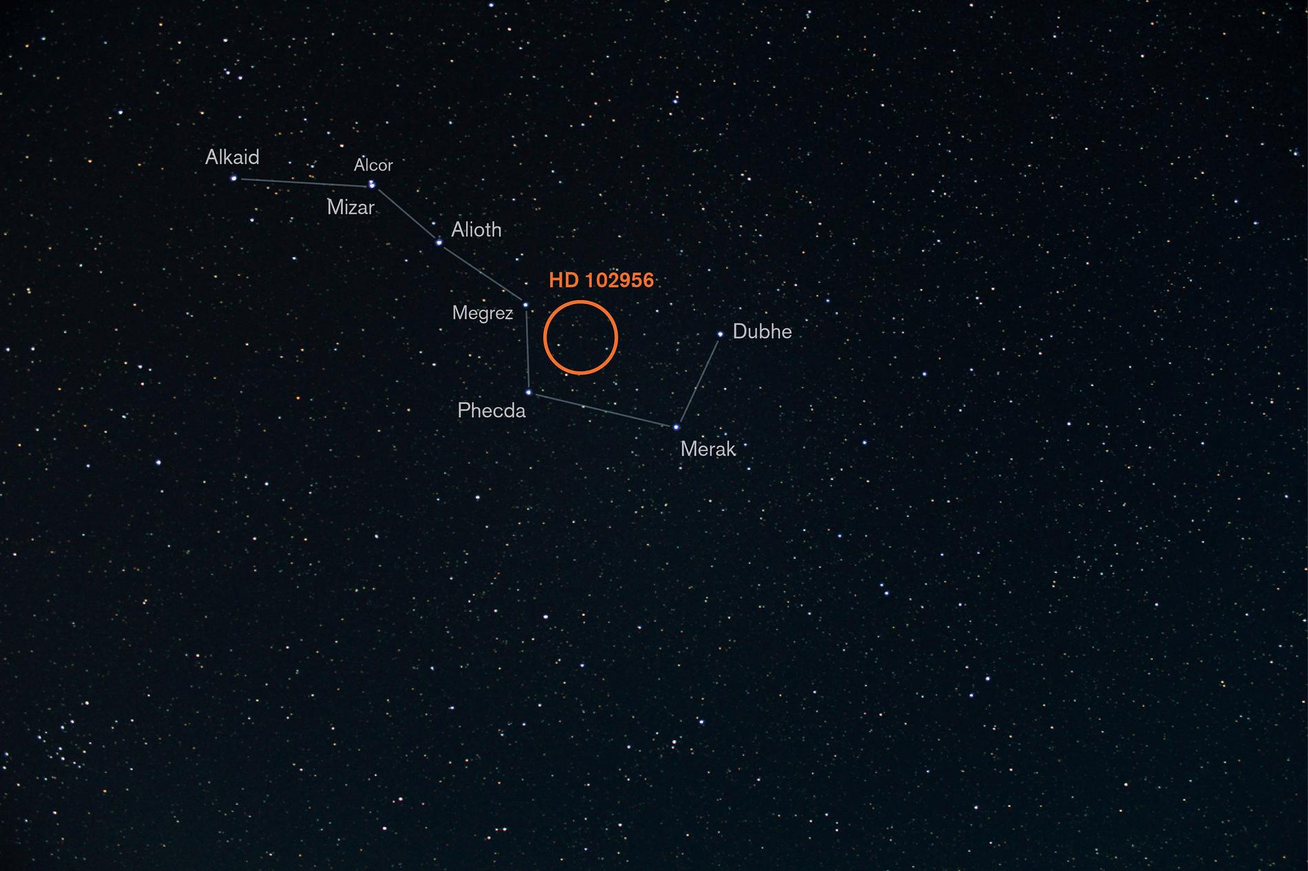 I mitten av den röda ringen ligger stjärnan HD 102956 och runt den kretsar planeten som Sverige får döpa.
