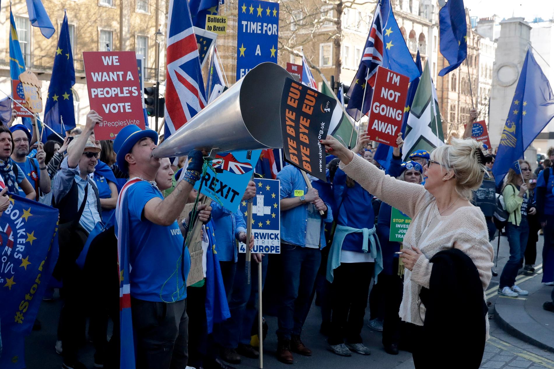 Demonstranter för och emot brexit utanför Downing Street i London. Arkivfoto.