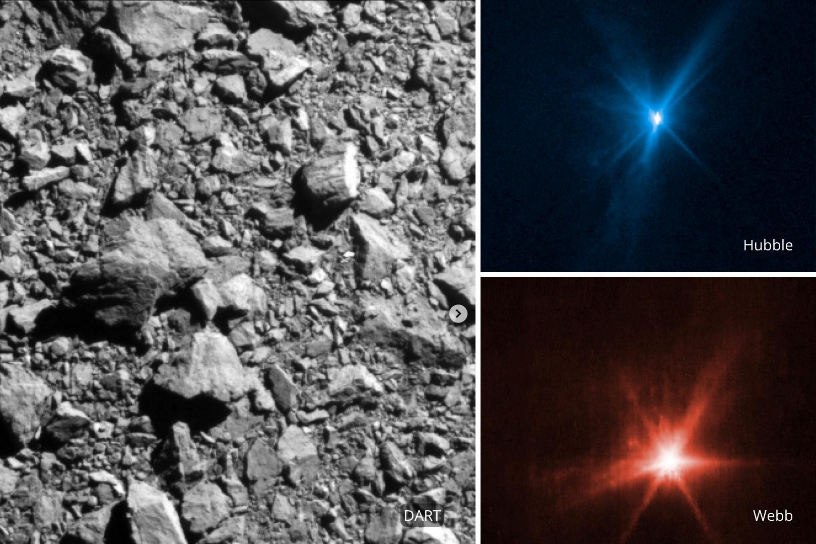 Här slår Dart ner på asteroiden Dimorphos. Till vänster vyn från en framåtriktad kamera monterad på Dart, uppe till höger Hubble Space Telescopes bild på krocken, nere till höger James Webb Space Telescopes bild på detsamma.