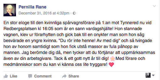 Pernillas Facebookinlägg om händelsen.