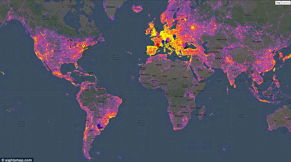 Sajten Sightsmaps ”heta karta” över de mest fotograferade platserna i världen.