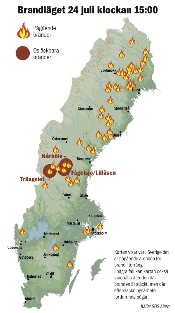 Alla bränder i Sverige i dag klockan 15. 