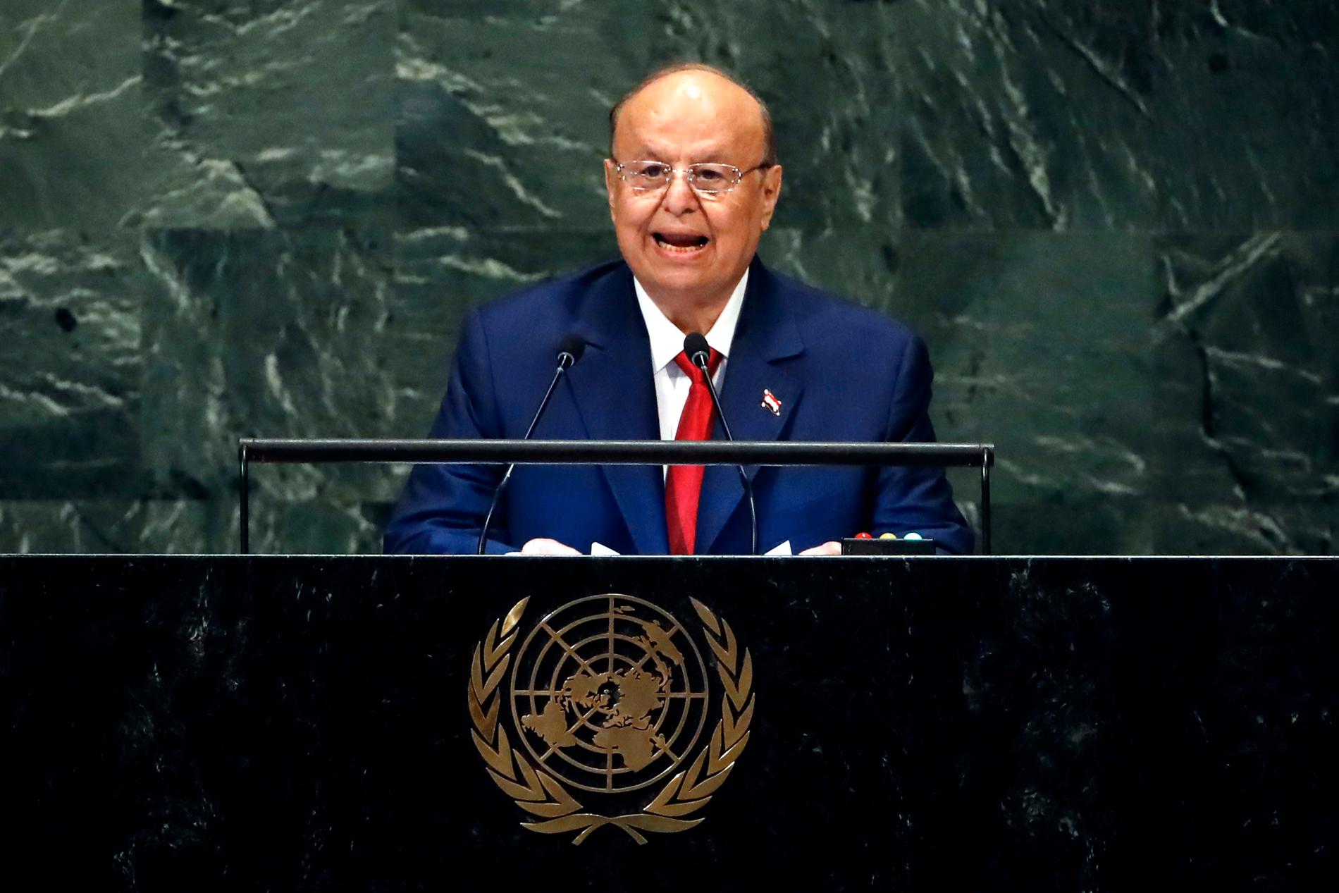Abd Rabu Mansur Hadi, president i Jemens internationellt erkända regering, under FN:s generalförsamling i New York i fjol.