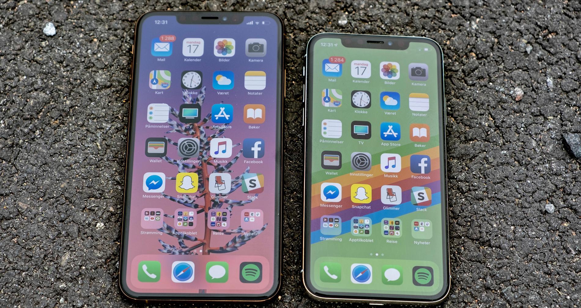 Iphone Xs Max bredvid förra årets Iphone X, i den mindre storleken – samma som Iphone Xs.