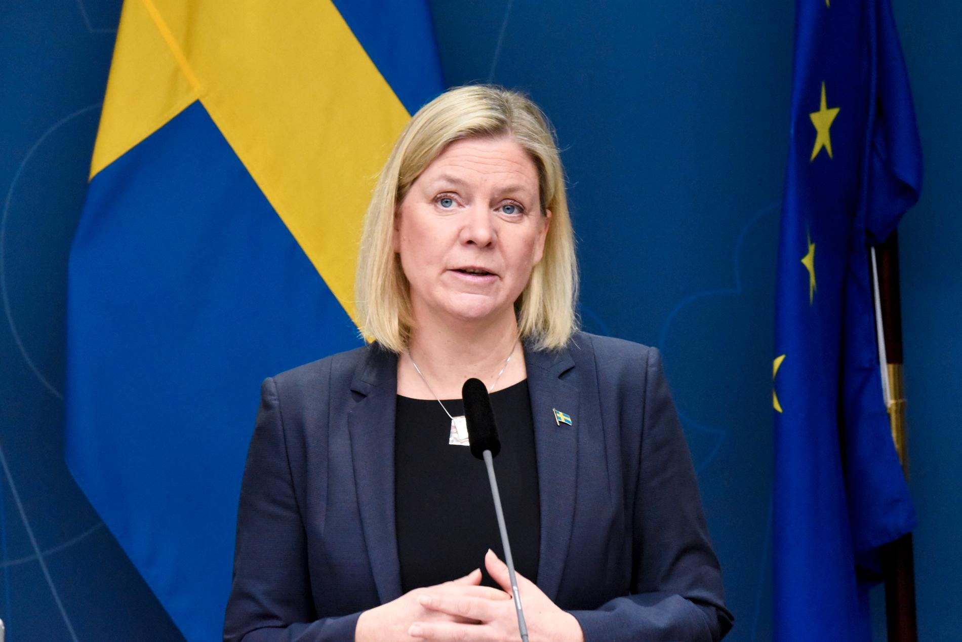 Statsminister Magdalena Andersson (S) under en tidigare pressträff. 
