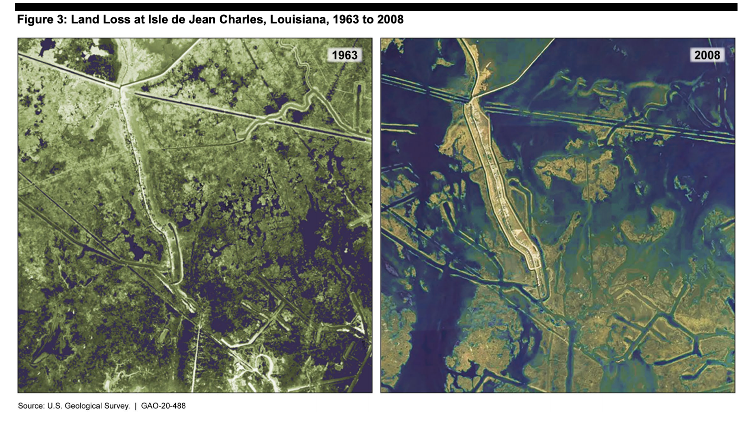 Flygfoton över hur ön Isle de Jean Charles har krympt från 1963 till 2008. 