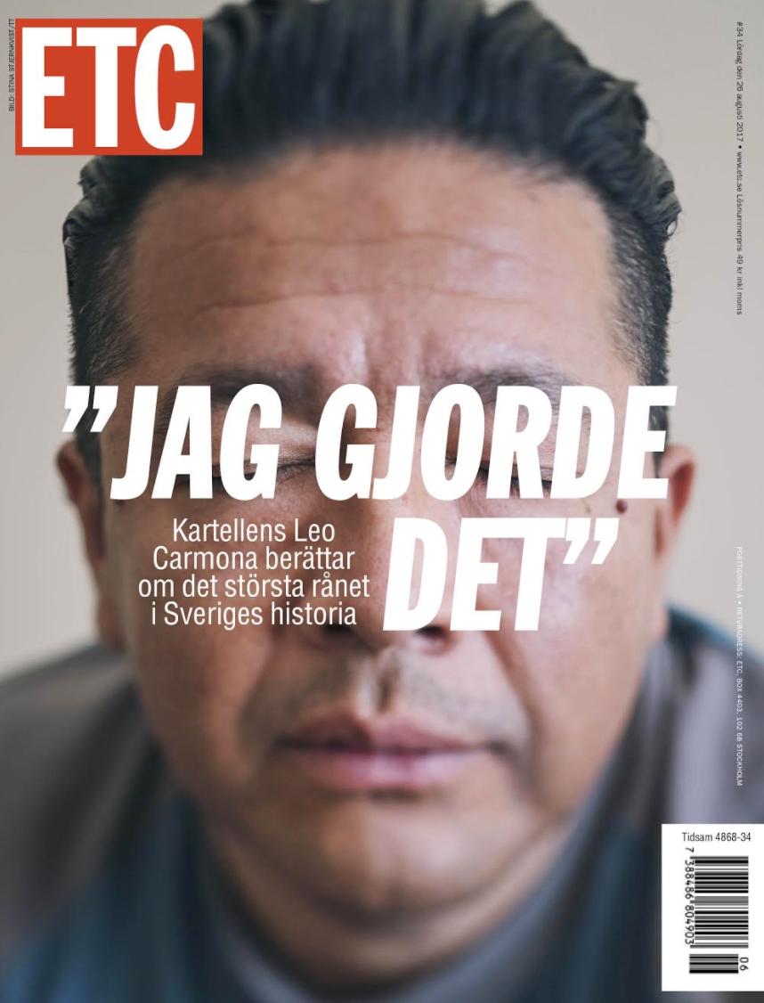 Omslaget till Nyhetsmagasinet ETC där Leo Carmona erkänner sin inblandning i Arlandarånet