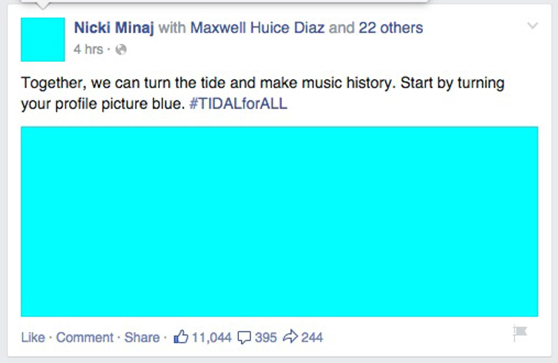 Nicki Minaj skriver som om Jay Z-ägda musiktjänsten blir revolutionerande, och uppmnanar andra att haka på. Skärmdump från Facebook.
