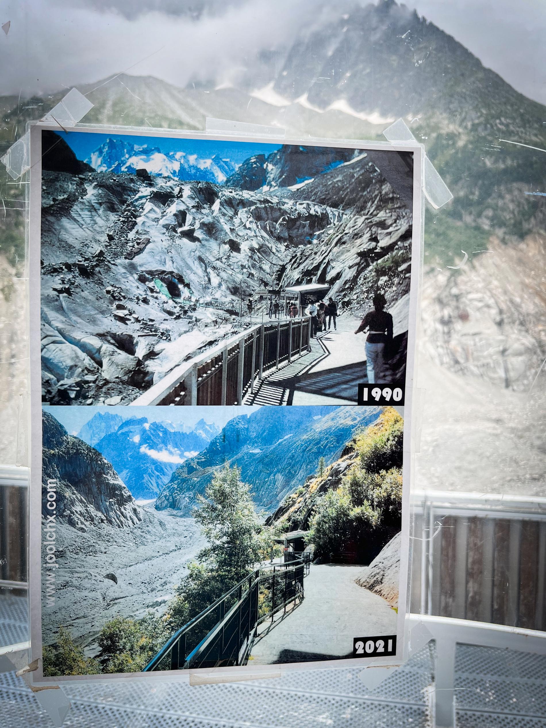  I liften ner till dalen hänger ett fotografi på hur glaciären har minskat sedan 1991.