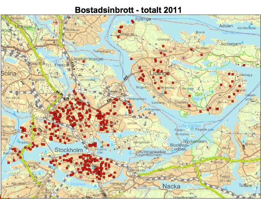 Röd varning i Stockholm. Var sker inbrotten i din stadsdel? För att ge en bild av var inbrotten sker har polisen tagit fram kartor över var alla 466 inbrott som skett i Stockholms city hittills under 2011.