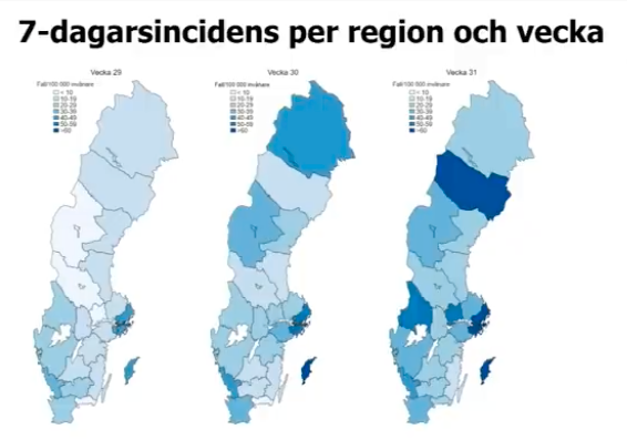 Tre regioner i landet har den mörkblå färgen - högst smittspridning: Västerbotten, Stockholm och Gotland. 