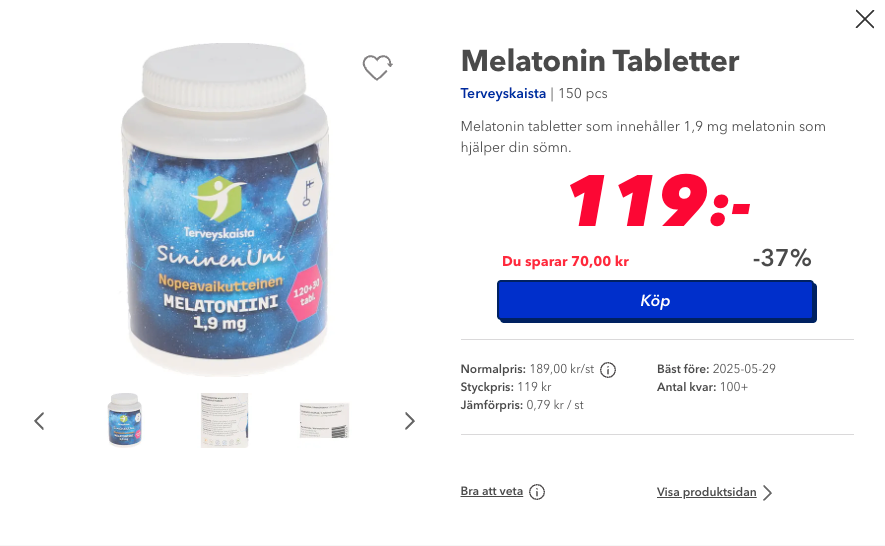 Pillerburken som sålts på Matsmart innehåller 150 tabletter per burk. Alla förpackningsstorlekar över 10 tabletter är receptbelagda i Sverige.